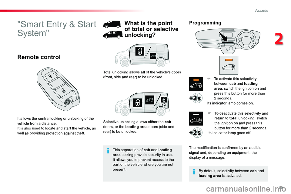 TOYOTA PROACE 2019  Owners Manual (in English) 55
"Smart Entry & Start 
System"
It allows the central locking or unlocking of the vehicle from a distance.It is also used to locate and start the vehicle, as 
well as providing protection aga