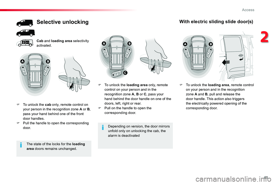 TOYOTA PROACE 2019 (in English) Repair Manual 61
Depending on version, the door mirrors unfold only on unlocking the cab, the alarm is deactivated
Cab and loading area selectivity activated.
Selective unlocking
F To unlock the cab only, remote co TOYOTA PROACE 2019 (in English) Repair Manual 61
Depending on version, the door mirrors unfold only on unlocking the cab, the alarm is deactivated
Cab and loading area selectivity activated.
Selective unlocking
F To unlock the cab only, remote co