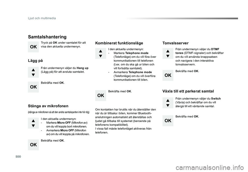 TOYOTA PROACE 2019  Bruksanvisningar (in Swedish) 500
Jumpy_sv_Chap10d_RD6_ed01-2016
Tryck på OK under samtalet för att 
visa den aktuella undermenyn.
Från undermenyn väljer du  Hang up 
(Lägg på) för att avsluta samtalet.
Samtalshantering
Lä