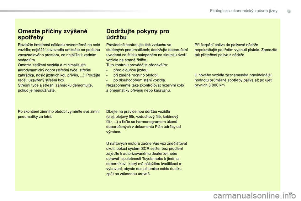 TOYOTA PROACE 2019  Návod na použití (in Czech) 13
Proace_cs_Chap00c_eco-conduite_ed01-2016
Omezte příčiny zvýšené 
spotřeby
Rozložte hmotnost nákladu rovnoměrně na celé vozidlo; nejtěžší zavazadla umístěte na podlahu zavazadlové