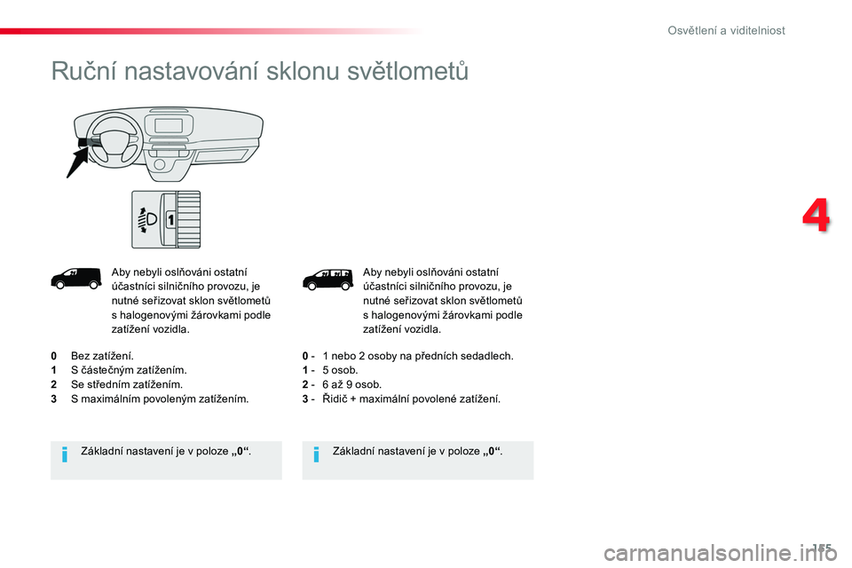 TOYOTA PROACE 2019  Návod na použití (in Czech) 155
Proace_cs_Chap04_eclairage-et-visibilite_ed01-2016
Aby	nebyli	oslňováni	ostatní	účastníci	silničního	provozu,	je	nutné	seřizovat	sklon	světlometů	s	halogenovými	žárovkami	podle	zat