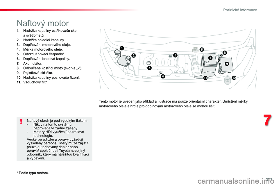 TOYOTA PROACE 2019 Návod na použití (in Czech) 277
Proace_cs_Chap07_info-pratiques_ed01-2016
* Podle typu motoru.
Naftový motor
1. Nádržka kapaliny ostřikovače skel a světlometů.2. Nádržka chladicí kapaliny.3. Doplňování motorového TOYOTA PROACE 2019 Návod na použití (in Czech) 277
Proace_cs_Chap07_info-pratiques_ed01-2016
* Podle typu motoru.
Naftový motor
1. Nádržka kapaliny ostřikovače skel a světlometů.2. Nádržka chladicí kapaliny.3. Doplňování motorového
