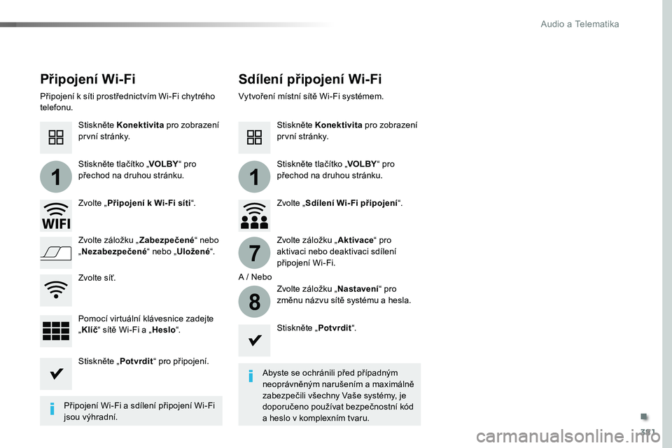TOYOTA PROACE 2019  Návod na použití (in Czech) 381
11
7
8
Proace_cs_Chap10b_NAC-1_ed01-2016
Připojení Wi-FiSdílení připojení Wi-Fi
Abyste se ochránili před případným neoprávněným narušením a maximálně zabezpečili všechny Vaše 