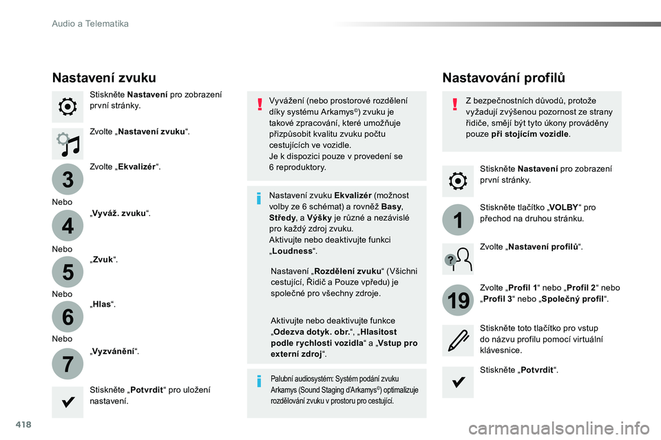 TOYOTA PROACE 2019  Návod na použití (in Czech) 418
3
4
5
6
7
1
19
Proace_cs_Chap10b_NAC-1_ed01-2016
Stiskněte Nastavení pro zobrazení první stránky.
Nastavování profilůNastavení zvuku
Stiskněte Nastavení pro zobrazení první stránky.
