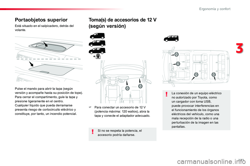 TOYOTA PROACE 2019 Manuale de Empleo (in Spanish) 121
Portaobjetos superior
Está situado en el salpicadero, detrás del volante.
Pulse el mando para abrir la tapa (según versión y acompañe hasta su posición de tope).Para cerrar el compartimento, TOYOTA PROACE 2019 Manuale de Empleo (in Spanish) 121
Portaobjetos superior
Está situado en el salpicadero, detrás del volante.
Pulse el mando para abrir la tapa (según versión y acompañe hasta su posición de tope).Para cerrar el compartimento,