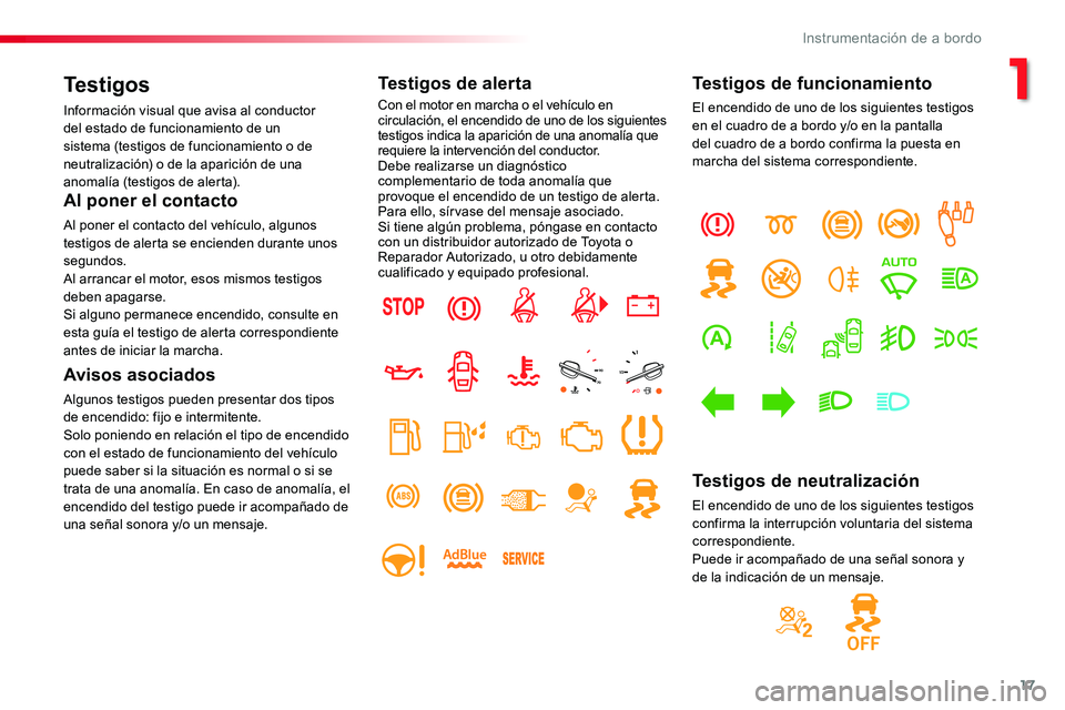 TOYOTA PROACE 2019 Manuale de Empleo (in Spanish) 17
Testigos
Información visual que avisa al conductor del estado de funcionamiento de un sistema (testigos de funcionamiento o de neutralización) o de la aparición de una anomalía (testigos de ale TOYOTA PROACE 2019 Manuale de Empleo (in Spanish) 17
Testigos
Información visual que avisa al conductor del estado de funcionamiento de un sistema (testigos de funcionamiento o de neutralización) o de la aparición de una anomalía (testigos de ale