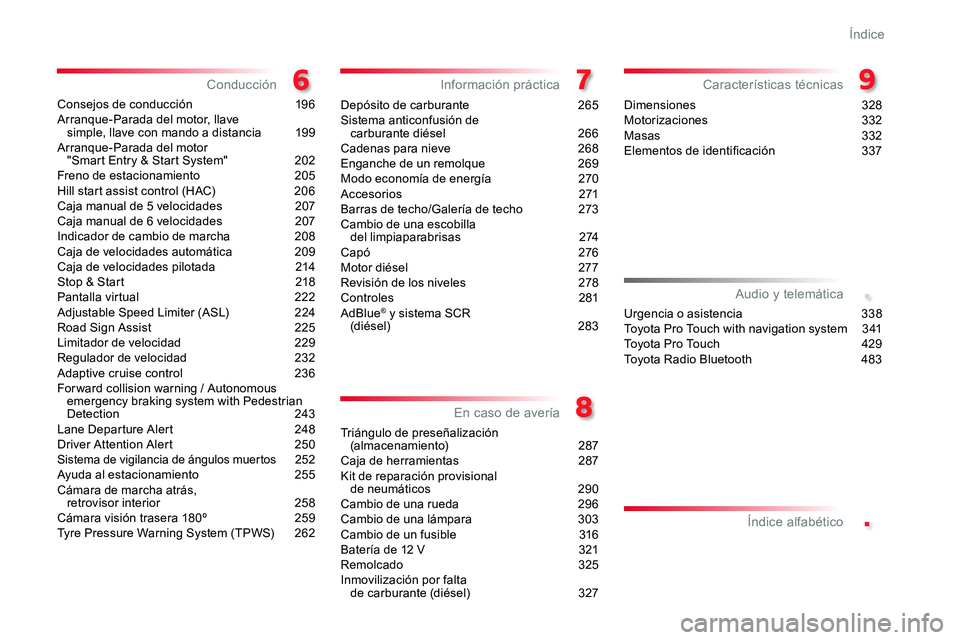 TOYOTA PROACE 2019  Manuale de Empleo (in Spanish) .
.
Consejos de conducción 196Arranque-Parada del motor, llave  simple, llave con mando a distancia  199Arranque-Parada del motor "Smart Entry & Start System" 202Freno de estacionamiento  205