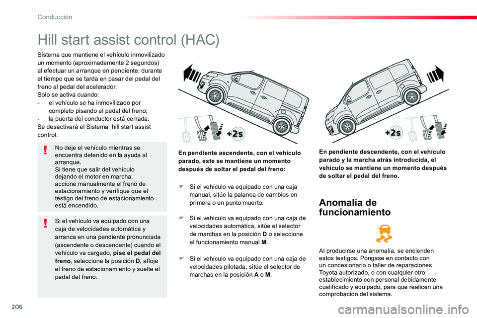 TOYOTA PROACE 2019 Manuale de Empleo (in Spanish) 206
Hill start assist control (HAC)
Sistema que mantiene el vehículo inmovilizado un momento (aproximadamente 2 segundos) al efectuar un arranque en pendiente, durante el tiempo que se tarda en pasar TOYOTA PROACE 2019 Manuale de Empleo (in Spanish) 206
Hill start assist control (HAC)
Sistema que mantiene el vehículo inmovilizado un momento (aproximadamente 2 segundos) al efectuar un arranque en pendiente, durante el tiempo que se tarda en pasar