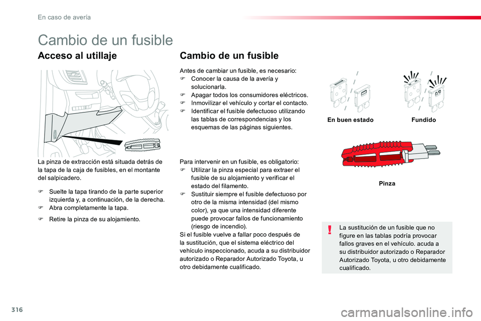 TOYOTA PROACE 2019 Manuale de Empleo (in Spanish) 316
F Suelte la tapa tirando de la parte superior izquierda y, a continuación, de la derecha.F Abra completamente la tapa.
En buen estadoFundido
Pinza
Acceso al utillaje
F Retire la pinza de su aloja TOYOTA PROACE 2019 Manuale de Empleo (in Spanish) 316
F Suelte la tapa tirando de la parte superior izquierda y, a continuación, de la derecha.F Abra completamente la tapa.
En buen estadoFundido
Pinza
Acceso al utillaje
F Retire la pinza de su aloja