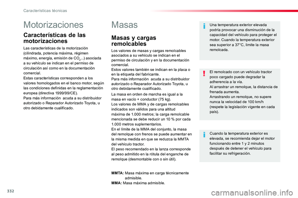 TOYOTA PROACE 2019 Manuale de Empleo (in Spanish) 332
Motorizaciones
Características de las
motorizaciones
Las características de la motorización (cilindrada, potencia máxima, régimen máximo, energía, emisión de CO2...) asociada a su vehícu TOYOTA PROACE 2019 Manuale de Empleo (in Spanish) 332
Motorizaciones
Características de las
motorizaciones
Las características de la motorización (cilindrada, potencia máxima, régimen máximo, energía, emisión de CO2...) asociada a su vehícu
