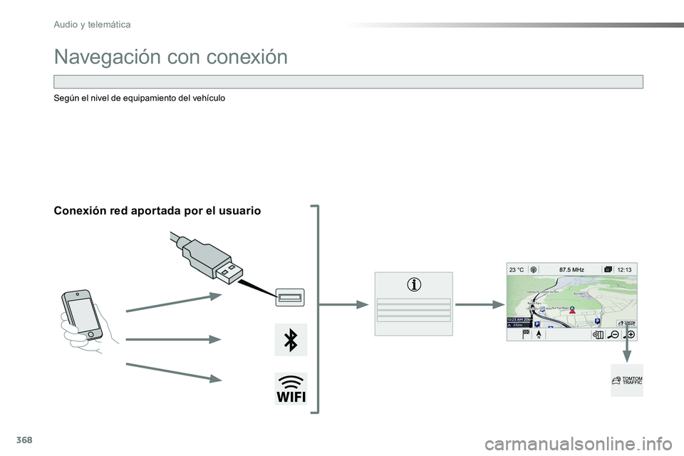 TOYOTA PROACE 2019  Manuale de Empleo (in Spanish) 368
12:13
23 °C
Navegación con conexión
Conexión red aportada por el usuario
Según el nivel de equipamiento del vehículo 
Audio y telemática  