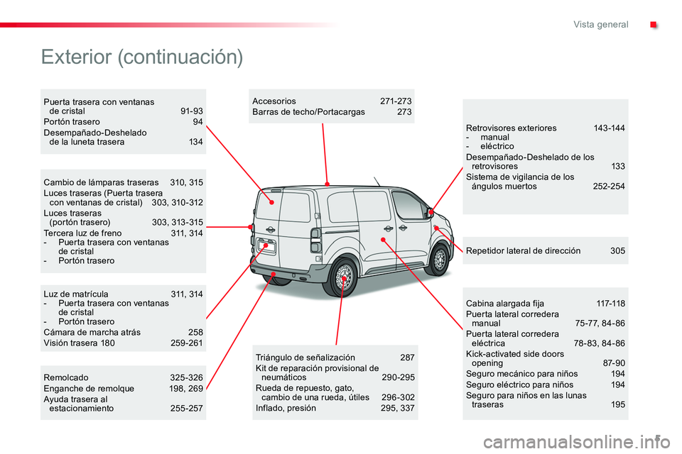 TOYOTA PROACE 2019  Manuale de Empleo (in Spanish) 5
Luz de matrícula 311, 314- Puerta trasera con ventanas de cristal- Portón traseroCámara de marcha atrás  258Visión trasera 180 259-261
Cambio de lámparas traseras  310, 315Luces traseras (Puer