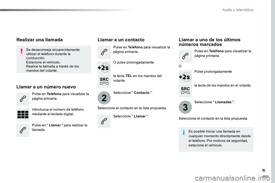 TOYOTA PROACE 2019 Manuale de Empleo (in Spanish) 409
2
3
la tecla de los mandos en el volante.
Se desaconseja encarecidamente utilizar el teléfono durante la conducción.Estacione el vehículo.Realice la llamada a través de los mandos del volante. TOYOTA PROACE 2019 Manuale de Empleo (in Spanish) 409
2
3
la tecla de los mandos en el volante.
Se desaconseja encarecidamente utilizar el teléfono durante la conducción.Estacione el vehículo.Realice la llamada a través de los mandos del volante.