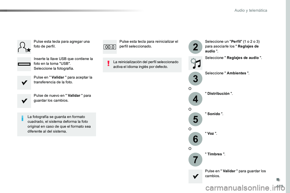 TOYOTA PROACE 2019 Manuale de Empleo (in Spanish) 419
3
2
4
5
6
7
Seleccione un "Per fil" (1 o 2 o 3) para asociarle los " Reglajes de audio ".
Seleccione " Reglajes de audio ".
Seleccione " Ambientes ".
O
" Distri TOYOTA PROACE 2019 Manuale de Empleo (in Spanish) 419
3
2
4
5
6
7
Seleccione un "Per fil" (1 o 2 o 3) para asociarle los " Reglajes de audio ".
Seleccione " Reglajes de audio ".
Seleccione " Ambientes ".
O
" Distri