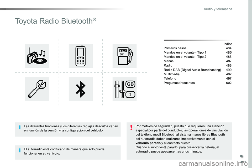 TOYOTA PROACE 2019 Manuale de Empleo (in Spanish) 483
Toyota Radio Bluetooth®
ÍndicePrimeros pasos 484
Mandos en el volante - Tipo 1 485
Mandos en el volante - Tipo 2 486
Menús 487
Radio 488
Radio DAB (Digital Audio Broadcasting) 490
Multimedia TOYOTA PROACE 2019 Manuale de Empleo (in Spanish) 483
Toyota Radio Bluetooth®
ÍndicePrimeros pasos 484
Mandos en el volante - Tipo 1 485
Mandos en el volante - Tipo 2 486
Menús 487
Radio 488
Radio DAB (Digital Audio Broadcasting) 490
Multimedia