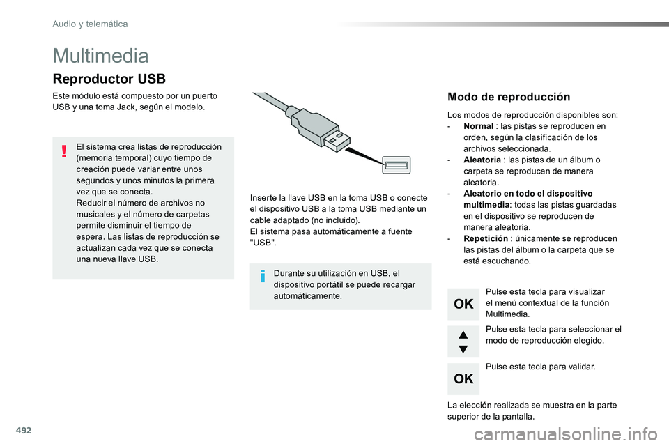 TOYOTA PROACE 2019 Manuale de Empleo (in Spanish) 492
Multimedia
Reproductor USB
Este módulo está compuesto por un puerto USB y una toma Jack, según el modelo.
Inserte la llave USB en la toma USB o conecte el dispositivo USB a la toma USB mediante TOYOTA PROACE 2019 Manuale de Empleo (in Spanish) 492
Multimedia
Reproductor USB
Este módulo está compuesto por un puerto USB y una toma Jack, según el modelo.
Inserte la llave USB en la toma USB o conecte el dispositivo USB a la toma USB mediante