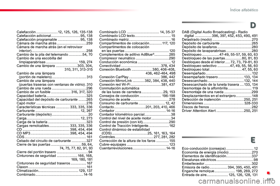 TOYOTA PROACE 2019 Manuale de Empleo (in Spanish) 507
D
E
Calefacción ......................12, 125, 126, 13 5-13 8Calefacción adicional ..............................95, 13 8Calefacción programable .......................95, 13 8Cámara de marcha TOYOTA PROACE 2019 Manuale de Empleo (in Spanish) 507
D
E
Calefacción ......................12, 125, 126, 13 5-13 8Calefacción adicional ..............................95, 13 8Calefacción programable .......................95, 13 8Cámara de marcha