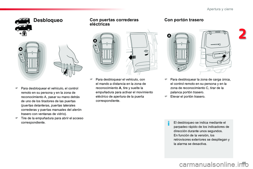 TOYOTA PROACE 2019 Manuale de Empleo (in Spanish) 63
Desbloqueo
F Para desbloquear el vehículo, el control remoto en su persona y en la zona de reconocimiento A, pasar su mano detrás de uno de los tiradores de las puertas (puertas delanteras, puert TOYOTA PROACE 2019 Manuale de Empleo (in Spanish) 63
Desbloqueo
F Para desbloquear el vehículo, el control remoto en su persona y en la zona de reconocimiento A, pasar su mano detrás de uno de los tiradores de las puertas (puertas delanteras, puert