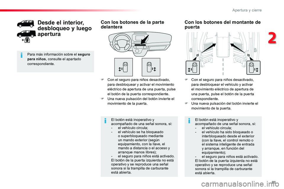 TOYOTA PROACE 2019 Manuale de Empleo (in Spanish) 81
F Con el seguro para niños desactivado, para desbloquear y activar el movimiento eléctrico de apertura de una puerta, pulse el botón de la puerta correspondiente.F Una nueva pulsación del botó TOYOTA PROACE 2019 Manuale de Empleo (in Spanish) 81
F Con el seguro para niños desactivado, para desbloquear y activar el movimiento eléctrico de apertura de una puerta, pulse el botón de la puerta correspondiente.F Una nueva pulsación del botó