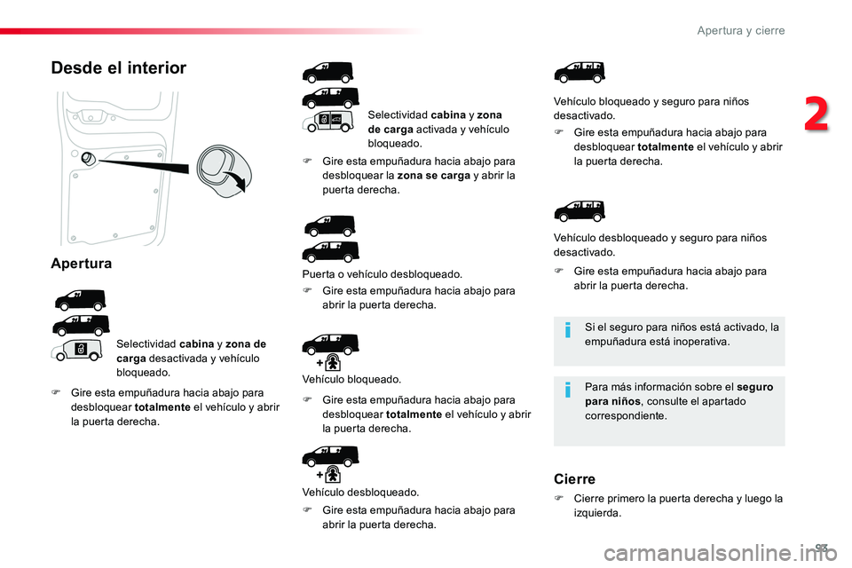 TOYOTA PROACE 2019 Manuale de Empleo (in Spanish) 93
Si el seguro para niños está activado, la empuñadura está inoperativa.
Para más información sobre el seguro para niños, consulte el apartado correspondiente.
Desde el interior
Apertura
Selec TOYOTA PROACE 2019 Manuale de Empleo (in Spanish) 93
Si el seguro para niños está activado, la empuñadura está inoperativa.
Para más información sobre el seguro para niños, consulte el apartado correspondiente.
Desde el interior
Apertura
Selec
