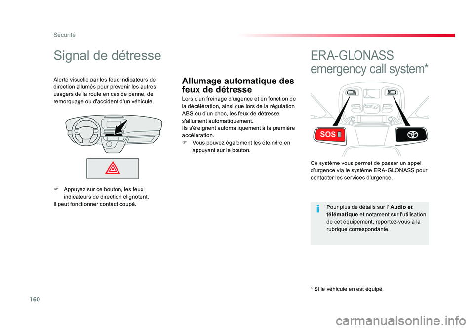 TOYOTA PROACE 2019  Notices Demploi (in French) 160
Sécurité
Allumage automatique des 
feux de détresse
Signal de détresse
Lors d'un freinage d'urgence et en fonction de 
la décélération, ainsi que lors de la régulation 
ABS ou d