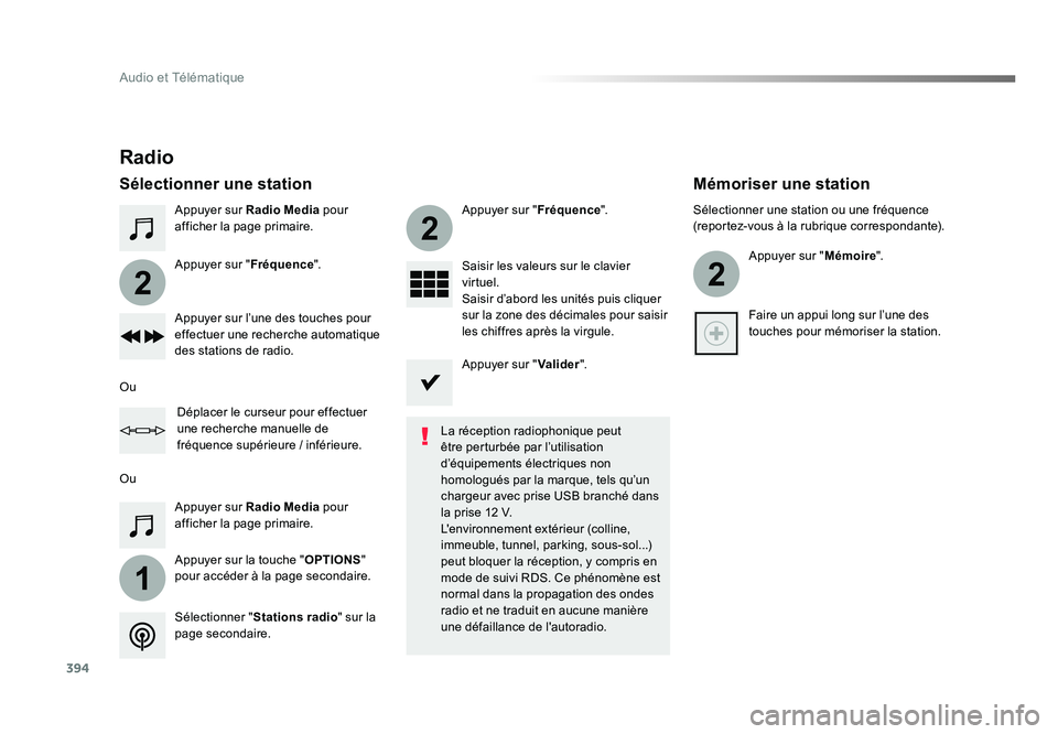 TOYOTA PROACE 2019  Notices Demploi (in French) 394
1
2
2
2
Audio et Télématique
Appuyer sur Radio Media pour 
afficher la page primaire.
Appuyer sur la touche " OPTIONS" 
pour accéder à la page secondaire. Appuyer sur " Fréquence&