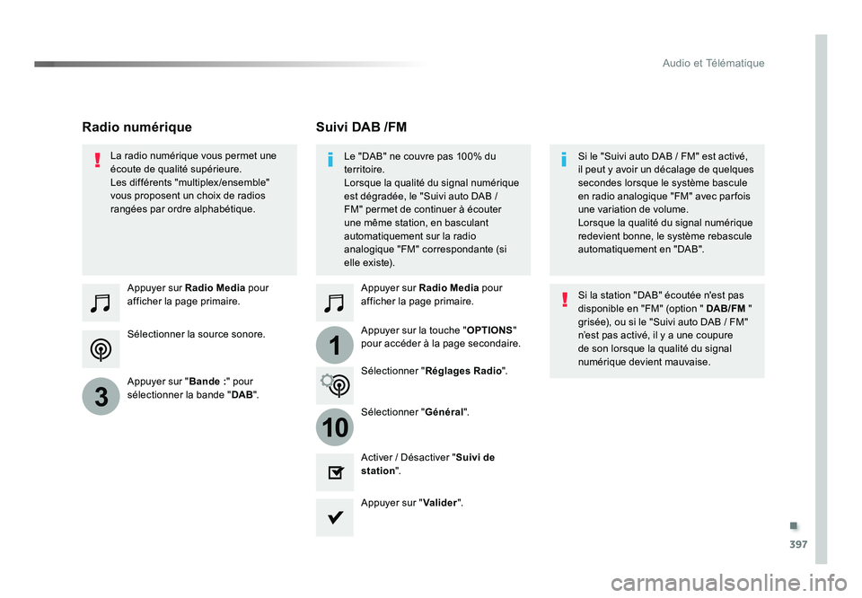 TOYOTA PROACE 2019  Notices Demploi (in French) .
397
1
10
3
Audio et Télématique
Sélectionner la source sonore. Appuyer sur Radio Media pour 
afficher la page primaire.
Appuyer sur " Bande :" pour 
sélectionner la bande " DAB".