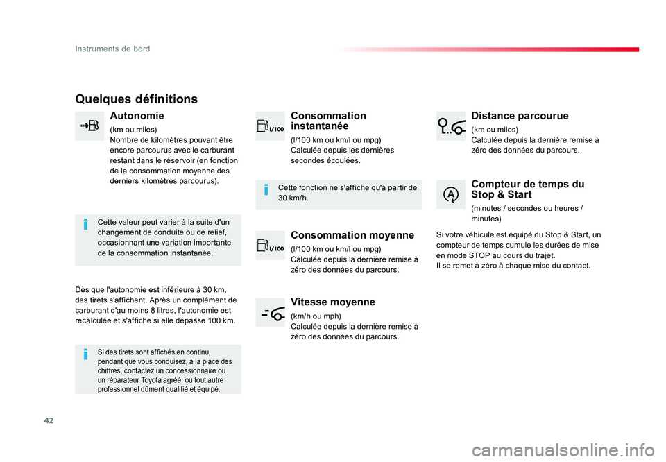 TOYOTA PROACE 2019 Notices Demploi (in French) 42
Instruments de bord
Quelques définitions
Autonomie
(km ou miles)
Nombre de kilomètres pouvant être
encore parcourus avec le carburant
restant dans le réservoir (en fonction
de la consommatio TOYOTA PROACE 2019 Notices Demploi (in French) 42
Instruments de bord
Quelques définitions
Autonomie
(km ou miles)
Nombre de kilomètres pouvant être
encore parcourus avec le carburant
restant dans le réservoir (en fonction
de la consommatio