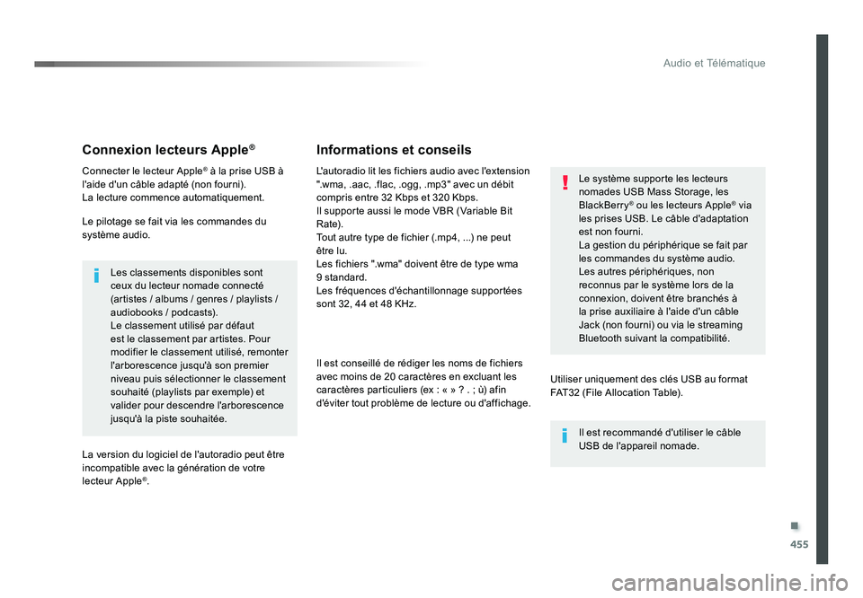 TOYOTA PROACE 2019  Notices Demploi (in French) .
455
Audio et Télématique
Connexion lecteurs Apple®
Connecter le lecteur Apple® à la prise USB à 
l'aide d'un câble adapté (non fourni).
La lecture commence automatiquement.
Le pilota