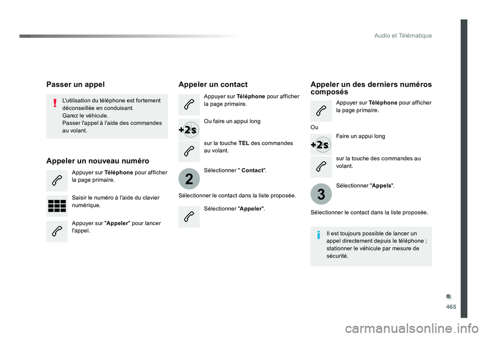 TOYOTA PROACE 2019  Notices Demploi (in French) .
465
2
3
Audio et Télématique
sur la touche des commandes au 
volant.
L'utilisation du téléphone est fortement 
déconseillée en conduisant.
Garez le véhicule.
Passer l'appel à l'a