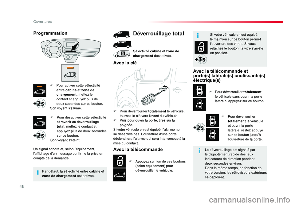 TOYOTA PROACE 2019 Notices Demploi (in French) 48
Ouvertures
F Pour activer cette sélectivité
entre cabine et zone de
chargement , mettez le
contact et appuyez plus de
deux secondes sur ce bouton.
Son voyant s’allume.
Un signal sonore et TOYOTA PROACE 2019 Notices Demploi (in French) 48
Ouvertures
F Pour activer cette sélectivité
entre cabine et zone de
chargement , mettez le
contact et appuyez plus de
deux secondes sur ce bouton.
Son voyant s’allume.
Un signal sonore et