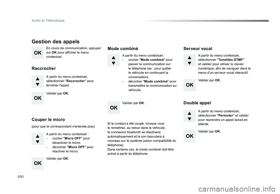 TOYOTA PROACE 2019  Notices Demploi (in French) 500
Audio et Télématique
En cours de communication, appuyer 
sur OK pour afficher le menu 
contextuel.
A partir du menu contextuel, 
sélectionner " Raccrocher" pour 
terminer l'appel.
G