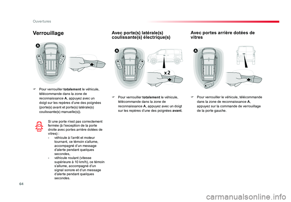 TOYOTA PROACE 2019 Notices Demploi (in French) 64
Ouvertures
Avec porte(s) latérale(s)
coulissante(s) électrique(s)Verrouillage
F Pour verrouiller totalement le véhicule,
télécommande dans la zone de
reconnaissance A , appuyez avec un
do TOYOTA PROACE 2019 Notices Demploi (in French) 64
Ouvertures
Avec porte(s) latérale(s)
coulissante(s) électrique(s)Verrouillage
F Pour verrouiller totalement le véhicule,
télécommande dans la zone de
reconnaissance A , appuyez avec un
do