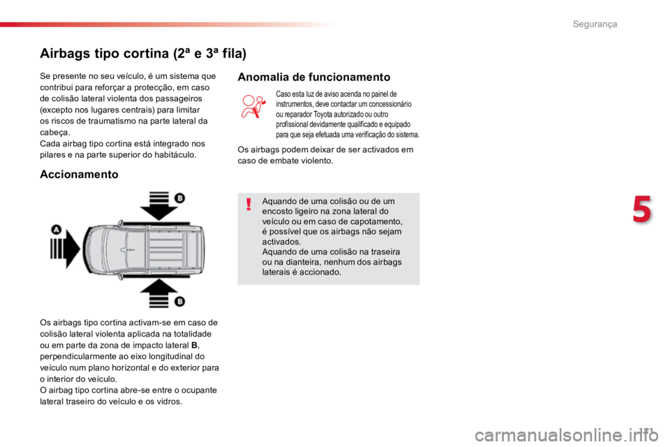 TOYOTA PROACE 2019  Manual de utilização (in Portuguese) 171
ProaceVerso_pt_Chap05_securite_ed01-2016
Se presente no seu veículo, é um sistema que 
contribui para reforçar a protecção, em caso 
de colisão lateral violenta dos passageiros 
(excepto nos