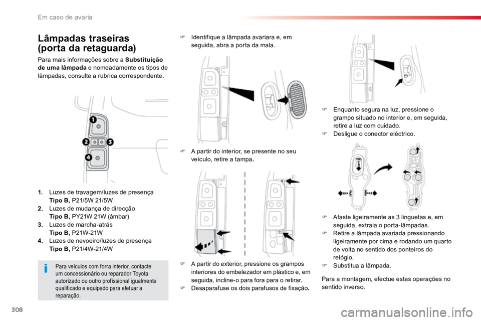 TOYOTA PROACE 2019 Manual de utilização (in Portuguese) 308
ProaceVerso_pt_Chap08_En-cas-de-panne_ed01-2016
Lâmpadas traseiras
(porta da retaguarda)
Para mais informações sobre a Substituição
de uma lâmpada e nomeadamente os tipos de
lâmpadas, c TOYOTA PROACE 2019 Manual de utilização (in Portuguese) 308
ProaceVerso_pt_Chap08_En-cas-de-panne_ed01-2016
Lâmpadas traseiras
(porta da retaguarda)
Para mais informações sobre a Substituição
de uma lâmpada e nomeadamente os tipos de
lâmpadas, c