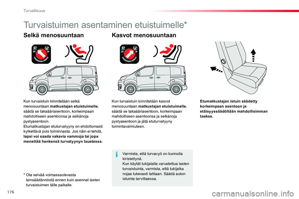 TOYOTA PROACE 2019 Omistajan Käsikirja (in Finnish) 176
Etumatkustajan istuin säädetty korkeimpaan asentoon ja etäisyyssäädöltään mahdollisimman taakse.
Selkä menosuuntaan
Turvaistuimen asentaminen etuistuimelle*
Kasvot menosuuntaan
Varmista, TOYOTA PROACE 2019 Omistajan Käsikirja (in Finnish) 176
Etumatkustajan istuin säädetty korkeimpaan asentoon ja etäisyyssäädöltään mahdollisimman taakse.
Selkä menosuuntaan
Turvaistuimen asentaminen etuistuimelle*
Kasvot menosuuntaan
Varmista,