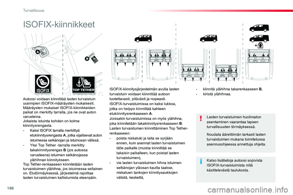 TOYOTA PROACE 2019 Omistajan Käsikirja (in Finnish) 186
ISOFIX-kiinnikkeet
Lasten turvaistuimen huolimaton asentaminen vaarantaa lapsen turvallisuuden törmäyksessä.
Katso lisätietoja autoosi sopivista ISOFIX-turvaistuimista niitä käsittelevästä TOYOTA PROACE 2019 Omistajan Käsikirja (in Finnish) 186
ISOFIX-kiinnikkeet
Lasten turvaistuimen huolimaton asentaminen vaarantaa lapsen turvallisuuden törmäyksessä.
Katso lisätietoja autoosi sopivista ISOFIX-turvaistuimista niitä käsittelevästä
