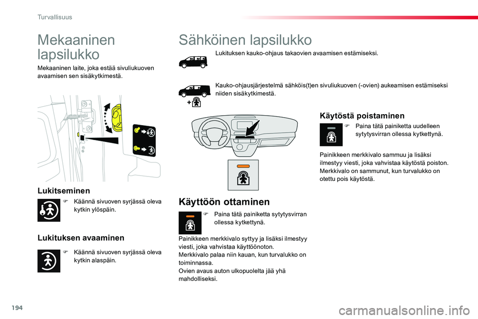 TOYOTA PROACE 2019 Omistajan Käsikirja (in Finnish) 194
Mekaaninen
lapsilukko
Lukitseminen
Lukituksen avaaminen
Mekaaninen laite, joka estää sivuliukuoven avaamisen sen sisäkytkimestä.
Sähköinen lapsilukko
Lukituksen kauko-ohjaus takaovien avaam TOYOTA PROACE 2019 Omistajan Käsikirja (in Finnish) 194
Mekaaninen
lapsilukko
Lukitseminen
Lukituksen avaaminen
Mekaaninen laite, joka estää sivuliukuoven avaamisen sen sisäkytkimestä.
Sähköinen lapsilukko
Lukituksen kauko-ohjaus takaovien avaam