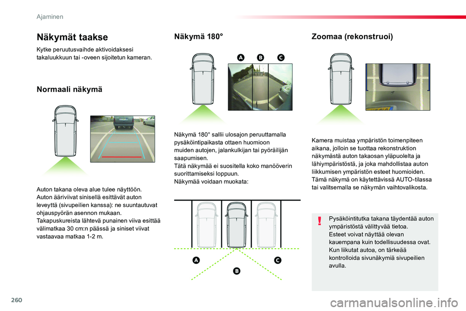 TOYOTA PROACE 2019 Omistajan Käsikirja (in Finnish) 260
Normaali näkymä
Näkymä 180°Zoomaa (rekonstruoi)
Kamera muistaa ympäristön toimenpiteen aikana, jolloin se tuottaa rekonstruktion näkymästä auton takaosan yläpuolelta ja lähiympäristö TOYOTA PROACE 2019 Omistajan Käsikirja (in Finnish) 260
Normaali näkymä
Näkymä 180°Zoomaa (rekonstruoi)
Kamera muistaa ympäristön toimenpiteen aikana, jolloin se tuottaa rekonstruktion näkymästä auton takaosan yläpuolelta ja lähiympäristö