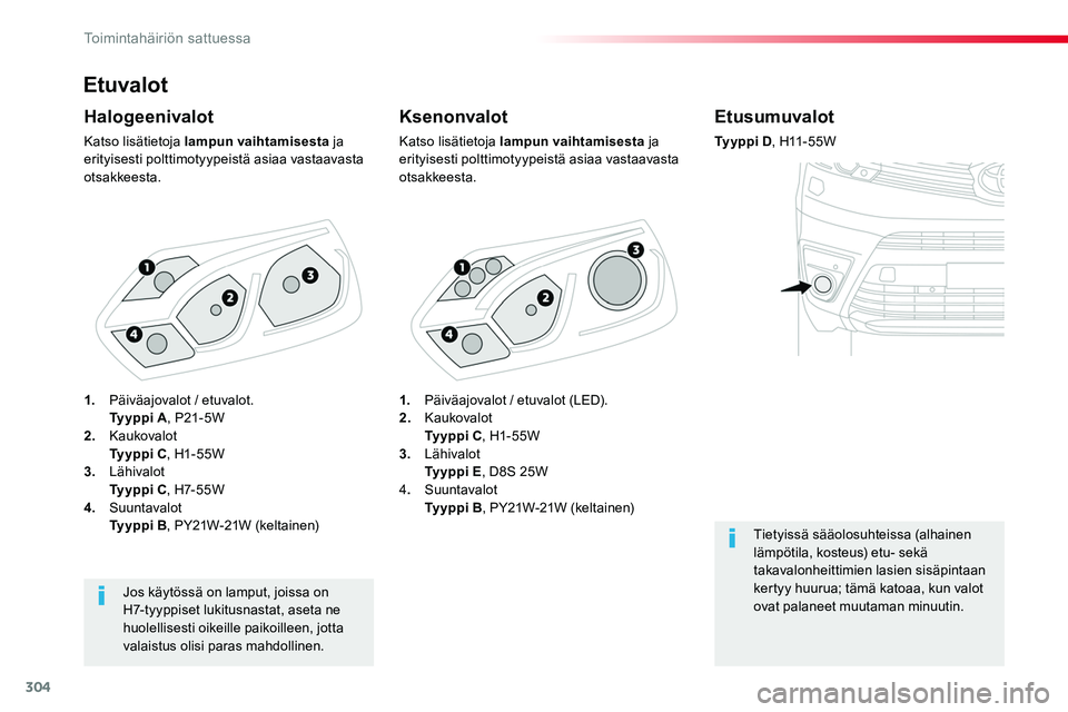 TOYOTA PROACE 2019 Omistajan Käsikirja (in Finnish) 304
Etuvalot
Ksenonvalot
Katso lisätietoja lampun vaihtamisesta ja erityisesti polttimotyypeistä asiaa vastaavasta otsakkeesta.
Halogeenivalot
Katso lisätietoja lampun vaihtamisesta ja erityisesti TOYOTA PROACE 2019 Omistajan Käsikirja (in Finnish) 304
Etuvalot
Ksenonvalot
Katso lisätietoja lampun vaihtamisesta ja erityisesti polttimotyypeistä asiaa vastaavasta otsakkeesta.
Halogeenivalot
Katso lisätietoja lampun vaihtamisesta ja erityisesti
