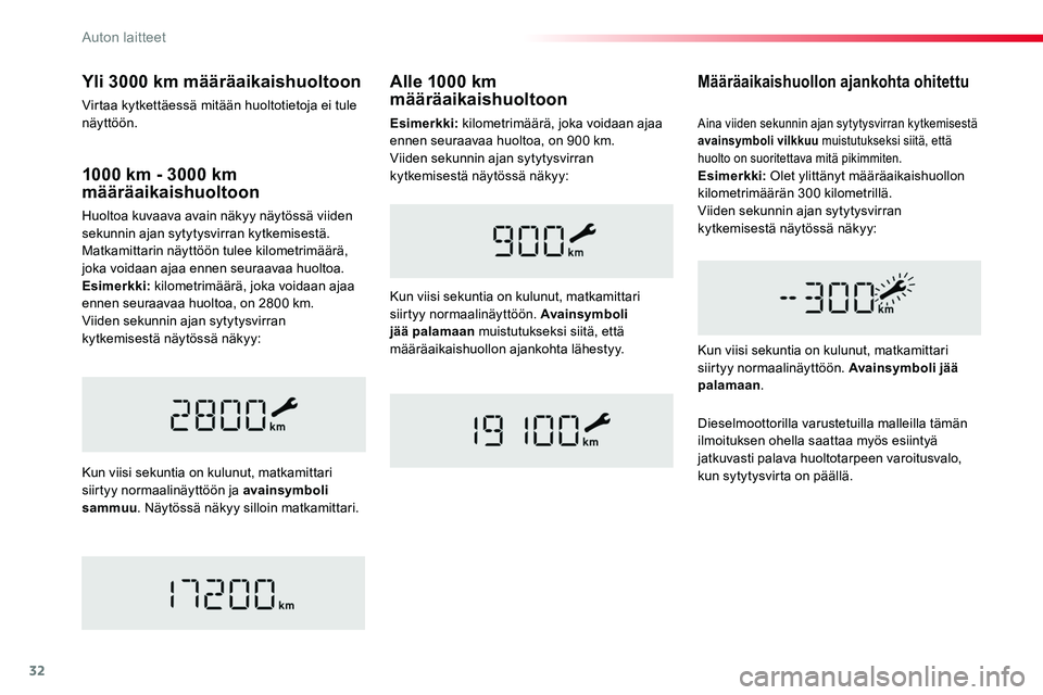 TOYOTA PROACE 2019  Omistajan Käsikirja (in Finnish) 32
1000 km - 3000 km määräaikaishuoltoon
Huoltoa kuvaava avain näkyy näytössä viiden sekunnin ajan sytytysvirran kytkemisestä. Matkamittarin näyttöön tulee kilometrimäärä, joka voidaan a