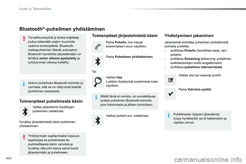 TOYOTA PROACE 2019 Omistajan Käsikirja (in Finnish) 462
Bluetooth®-puhelimen yhdistäminen
Turvallisuussyistä ja koska kuljettaja joutuu tekemään paljon huomiota vaativia toimenpiteitä, Bluetooth-matkapuhelimen liitäntä autoradion Bluetooth hand TOYOTA PROACE 2019 Omistajan Käsikirja (in Finnish) 462
Bluetooth®-puhelimen yhdistäminen
Turvallisuussyistä ja koska kuljettaja joutuu tekemään paljon huomiota vaativia toimenpiteitä, Bluetooth-matkapuhelimen liitäntä autoradion Bluetooth hand