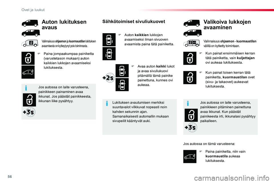TOYOTA PROACE 2019  Omistajan Käsikirja (in Finnish) 56
Sähkötoimiset sivuliukuovet
F Auton kaikkien lukkojen avaamiseksi ilman sivuoven avaamista paina tätä painiketta.
F Avaa auton kaikki lukot ja avaa sivuliukuovi pitämällä tämä painike pain