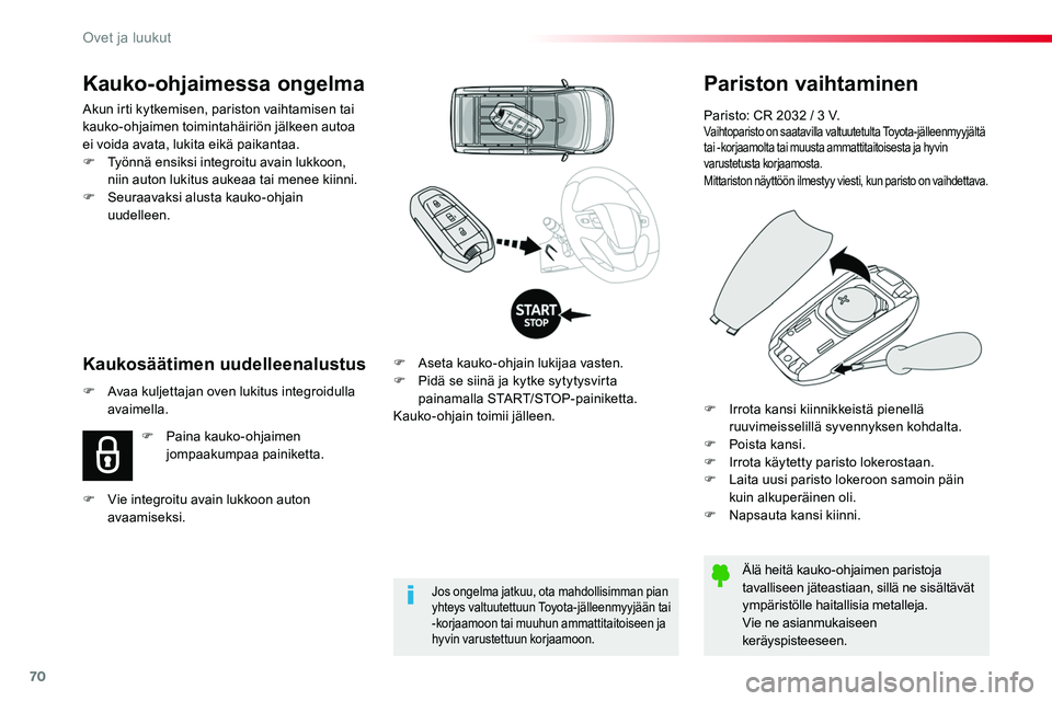 TOYOTA PROACE 2019 Omistajan Käsikirja (in Finnish) 70
Pariston vaihtaminen
Paristo: CR 2032 / 3 V.Vaihtoparisto on saatavilla valtuutetulta Toyota-jälleenmyyjältä tai -korjaamolta tai muusta ammattitaitoisesta ja hyvin varustetusta korjaamosta.Mitt TOYOTA PROACE 2019 Omistajan Käsikirja (in Finnish) 70
Pariston vaihtaminen
Paristo: CR 2032 / 3 V.Vaihtoparisto on saatavilla valtuutetulta Toyota-jälleenmyyjältä tai -korjaamolta tai muusta ammattitaitoisesta ja hyvin varustetusta korjaamosta.Mitt