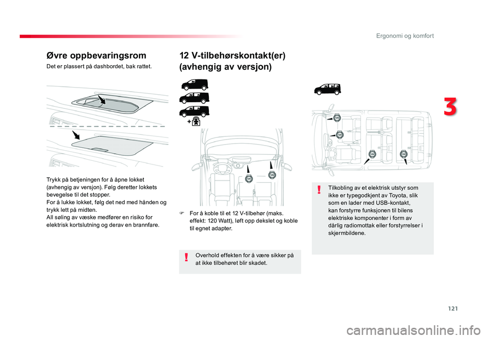TOYOTA PROACE 2019 Instruksjoner for bruk (in Norwegian) 121
Proace_no_Chap03_ergonomie-et-confort_ed01-2016
Øvre oppbevaringsrom
Det er plassert på dashbordet, bak rattet.
Trykk på betjeningen for å åpne lokket
(avhengig av versjon). Følg deretter l TOYOTA PROACE 2019 Instruksjoner for bruk (in Norwegian) 121
Proace_no_Chap03_ergonomie-et-confort_ed01-2016
Øvre oppbevaringsrom
Det er plassert på dashbordet, bak rattet.
Trykk på betjeningen for å åpne lokket
(avhengig av versjon). Følg deretter l