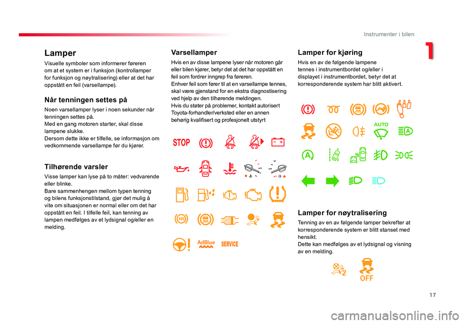 TOYOTA PROACE 2019 Instruksjoner for bruk (in Norwegian) 17
Proace_no_Chap01_instruments-de-bord_ed01-2016
Lamper
Visuelle symboler som informerer føreren
om at et system er i funksjon (kontrollamper
for funksjon og nøytralisering) eller at det har
opp TOYOTA PROACE 2019 Instruksjoner for bruk (in Norwegian) 17
Proace_no_Chap01_instruments-de-bord_ed01-2016
Lamper
Visuelle symboler som informerer føreren
om at et system er i funksjon (kontrollamper
for funksjon og nøytralisering) eller at det har
opp