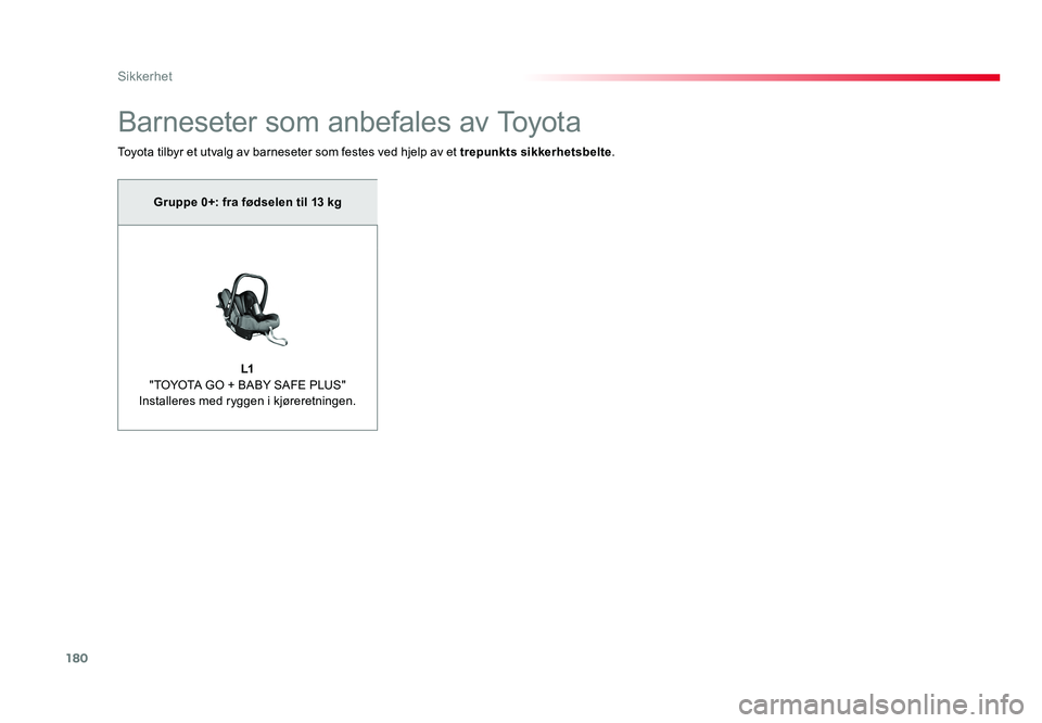 TOYOTA PROACE 2019 Instruksjoner for bruk (in Norwegian) 180
Proace_no_Chap05_securite_ed01-2016
Barneseter som anbefales av Toyota
Toyota tilbyr et utvalg av barneseter som festes ved hjelp av et trepunkts sikkerhetsbelte.
Gruppe 0+: fra fødselen til 13 k TOYOTA PROACE 2019 Instruksjoner for bruk (in Norwegian) 180
Proace_no_Chap05_securite_ed01-2016
Barneseter som anbefales av Toyota
Toyota tilbyr et utvalg av barneseter som festes ved hjelp av et trepunkts sikkerhetsbelte.
Gruppe 0+: fra fødselen til 13 k