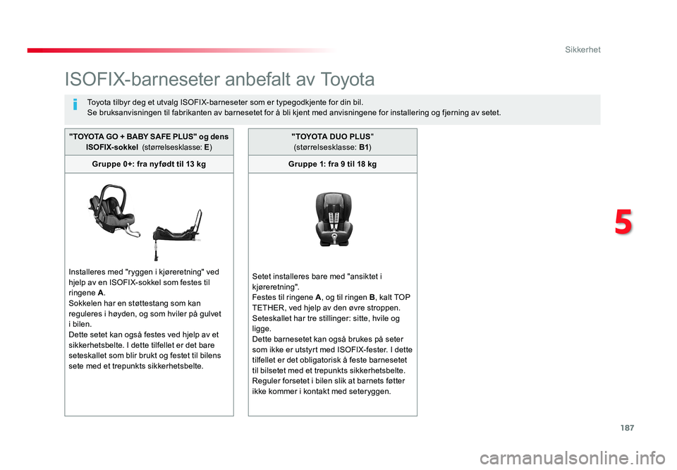 TOYOTA PROACE 2019 Instruksjoner for bruk (in Norwegian) 187
Proace_no_Chap05_securite_ed01-2016
ISOFIX-barneseter anbefalt av Toyota
Toyota tilbyr deg et utvalg ISOFIX-barneseter som er typegodkjente for din bil.
Se bruksanvisningen til fabrikanten av barn TOYOTA PROACE 2019 Instruksjoner for bruk (in Norwegian) 187
Proace_no_Chap05_securite_ed01-2016
ISOFIX-barneseter anbefalt av Toyota
Toyota tilbyr deg et utvalg ISOFIX-barneseter som er typegodkjente for din bil.
Se bruksanvisningen til fabrikanten av barn