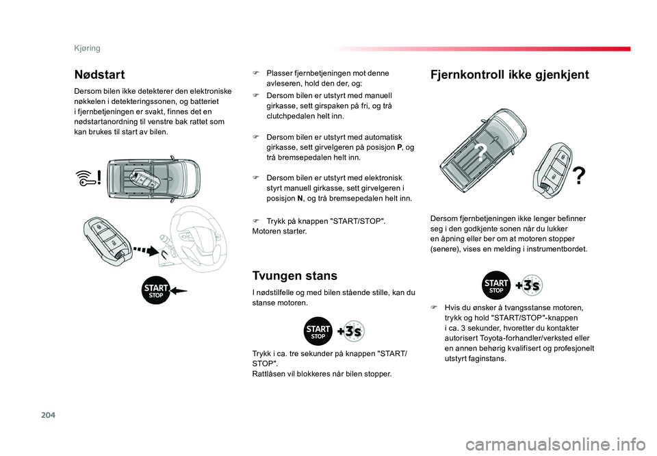 TOYOTA PROACE 2019  Instruksjoner for bruk (in Norwegian) 204
Proace_no_Chap06_conduite_ed01-2016
Nødstart
Dersom bilen ikke detekterer den elektroniske 
nøkkelen i detekteringssonen, og batteriet 
i fjernbetjeningen er svakt, finnes det en 
nødstartanord