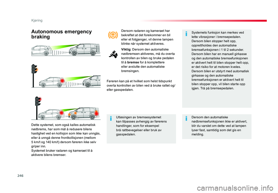 TOYOTA PROACE 2019 Instruksjoner for bruk (in Norwegian) 246
Proace_no_Chap06_conduite_ed01-2016
Dette systemet, som også kalles automatisk nødbrems, har som mål å redusere bilens
hastighet ved en kollisjon som ikke kan unngås,
eller å unngå denne TOYOTA PROACE 2019 Instruksjoner for bruk (in Norwegian) 246
Proace_no_Chap06_conduite_ed01-2016
Dette systemet, som også kalles automatisk nødbrems, har som mål å redusere bilens
hastighet ved en kollisjon som ikke kan unngås,
eller å unngå denne